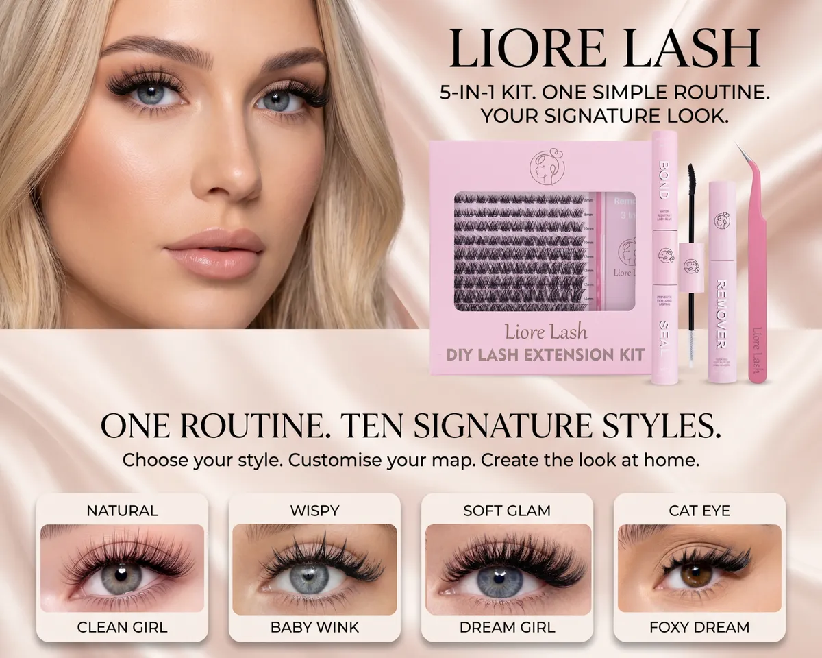 Kit DIY de extensiones de pestañas Liore Lash con clusters, Bond & Seal, removedor y pinzas