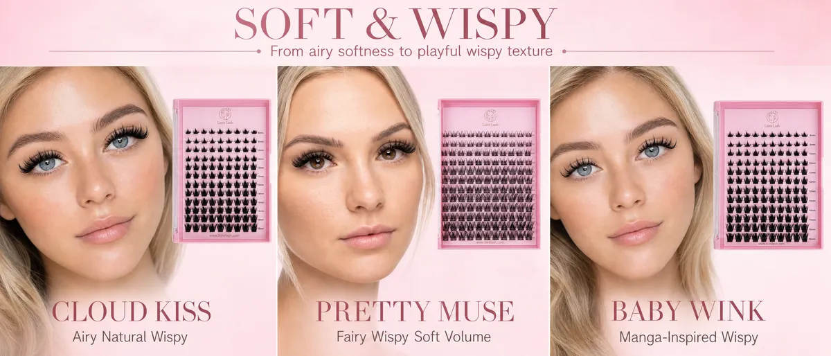 Pestañas en clusters wispy en los estilos Cloud Kiss, Pretty Muse y Baby Wink