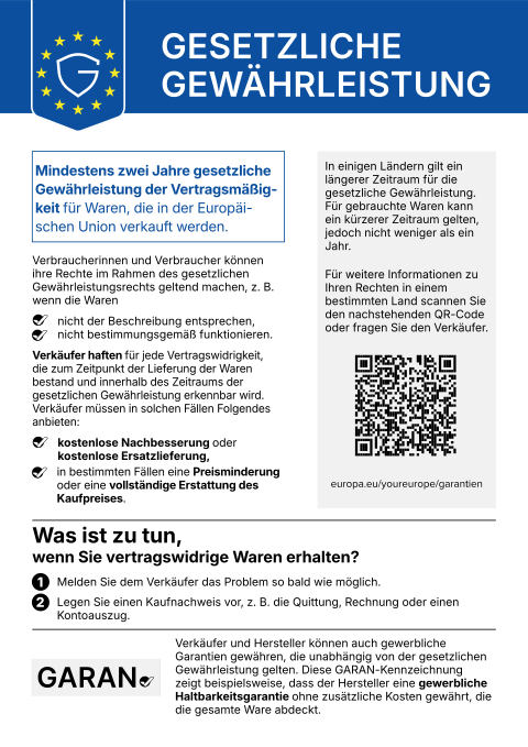 Aviso de la UE «Garantía legal»: garantía legal de conformidad de al menos dos años para los bienes vendidos en la Unión Europea.